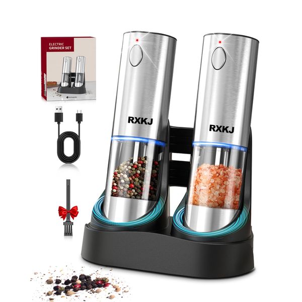 Electric Salt and Pepper Grinder Set, Stainless Steel Automatic Pepper Grinder with pgraded Charge Base and LED Light, Adjustable Coarseness, Rechargeable Sea Salt Spice Mill Set, Ideal for Kitchen