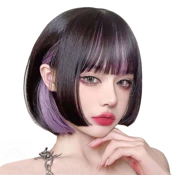 Villo Wig, Princess Cut, Inner Color, Short, Pink, Black Hair, Straight Wig, Cosplay, Natural, Cross-Dressing, Wig, Gift Box Included (Purple)