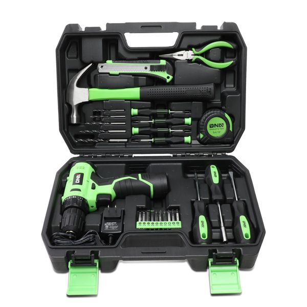 27Pcs Home Repair Hand Tool Set Toolbox Cordless Drill+Bits+Cla