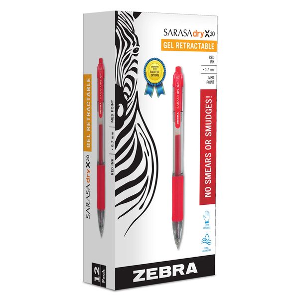 ZEBRA Pen Sarasa Pens, Medium Point Gel Pens For Adult Colouring, Smear-Proof Gel Pens For Writing, Reliable Retractable Gel Pens For Kids & Adults, Colour ZEBRA Pens Set, 12 Pk - Red Ink