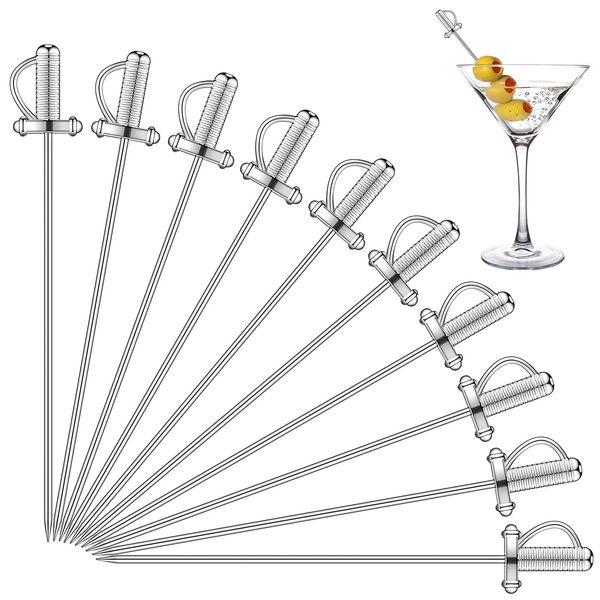 10 Pieces Stainless Steel Cocktail Picks Toothpicks 4.3 Inch Sword Metal Martini Drink Pick Sticks Appetizer Resuable Skewers Food Fruit Cocktail Toothpicks for Birthday Wedding Beach (Silver)