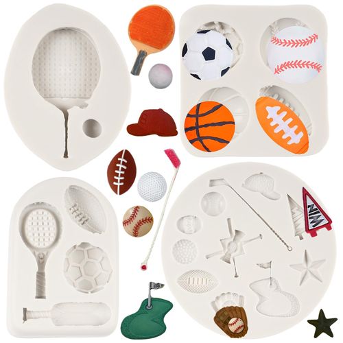 Sports Ball Silicone Molds Football Baseball Basketball Rugby Tennis Fondant Mold Golf Silicone Molds For Cake Decoration Chocolate Candy Polymer Clay Cupcake Topper Gum Paste Set of 4