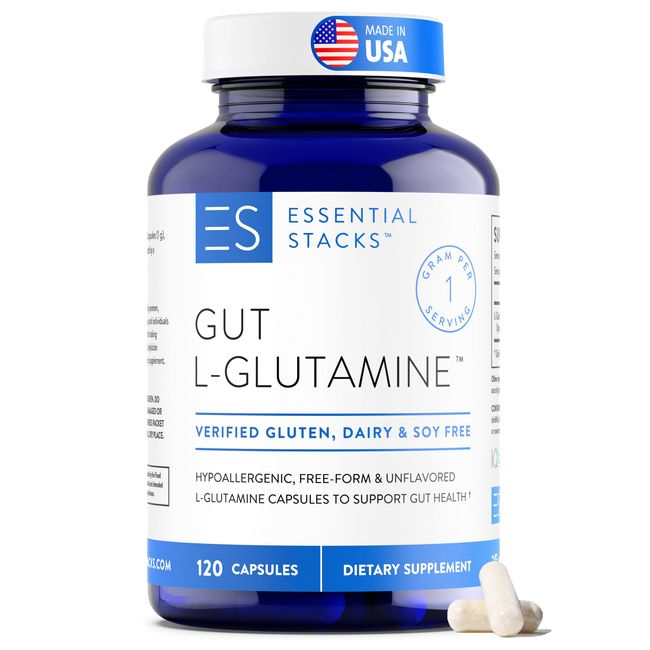 Essential Stacks Gut L-Glutamine Capsules 1000mg (Made in USA) - Gluten, Dairy & Soy Free, Non-GMO L Glutamine for Gut Health - 60 Serves (120 Caps)