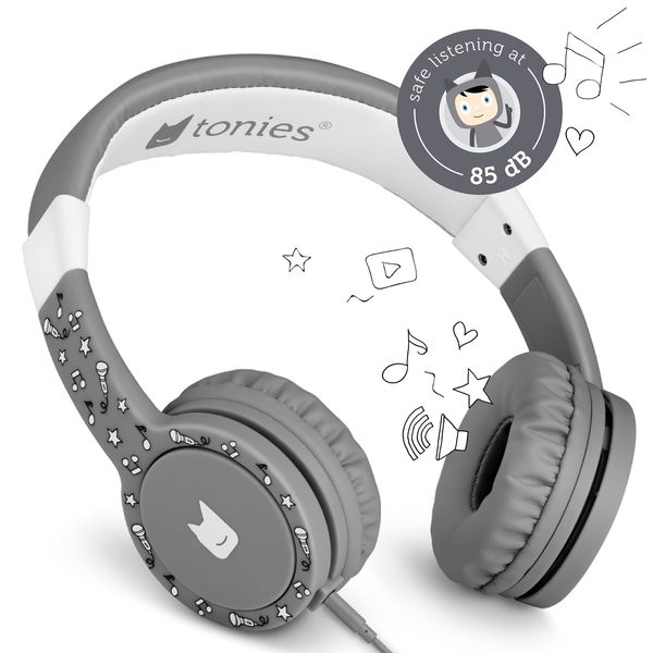 tonies Kids Headphones Wired for Toniebox, Kid-Safe Volume-Limiting Cushioned Over Ear Headphones for Listening to Audiobooks, 1.2m Cable and 3.5mm Jack, Grey