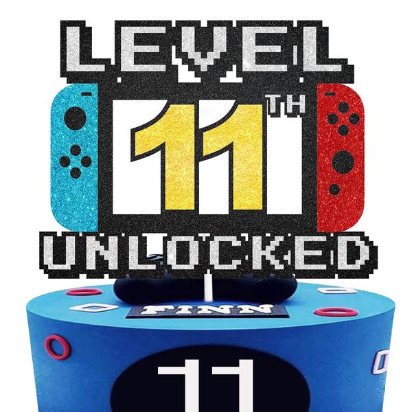 Level 11th Unlocked Cake Topper - Level 11th game Sign Theme Party Decorations 11th Birthday Level Up Cake Decorations for Video Game Themed Kids Boy Girl Party Supplies