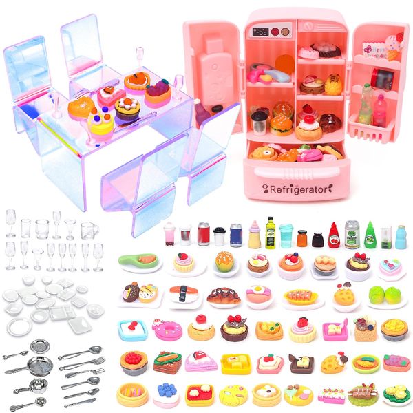 Dollhouse Refrigerator Mini Fridge Table Dining Food Set Kitchen Furniture Miniatures Party Fruits Juice Milk Desserts Drink Cake Pretend Play Game for Children