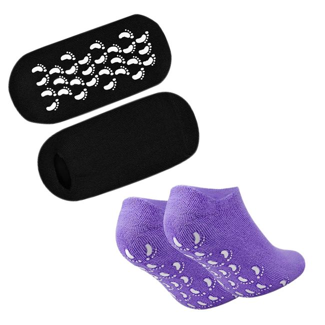 2 Paar Feuchtigkeitsspendende Gelsocken, Feuchtigkeitssocken mit Vitamin und Öl Infundiert, Gel Spa Socken Zum Reparieren und Erweichen Trockener Haut, Schwarz&Lila