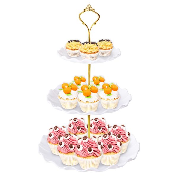 BACUTHY 3 Tier Cupcake Stand Holder, Plastic Cup Cake Stand Towel with Tiered Serving Tray for Cupcakes, Donuts, Fruits and More, White