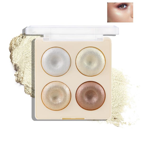 Boobeen 4 Color Highlight Makeup Palette, Face Baked Powder Cheek Illuminator, Make Skin Bright and Shiny, Long Lasting Face Sculpting