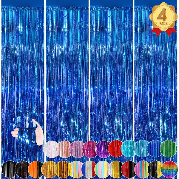 4Pack Blue Fringe Curtain Party Streamers 3.3 x 8.3 Ft Foil Fringe Backdrop Curtains for Birthday Wedding Bridal Baby Shower Wedding Xmas Tinsel Streamers Ocean Blue Party Decorations Door Streamers