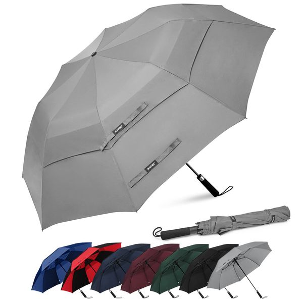 G4Free 62 Inch Portable Golf Umbrella Large Oversize Double Canopy Vented Windproof Waterproof Auto Open Folding Umbrellas(Gray)