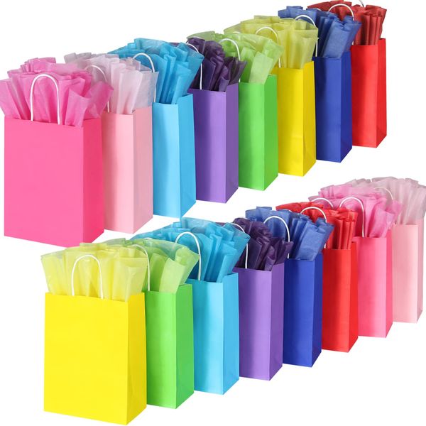 BLEWINDZ 32 Pieces Gift Bags with 32 Tissues, 8 Colors Party Favor Bags with Handles, Rainbow Gift Bags for Wedding, Birthday, Party Supplies and Gifts