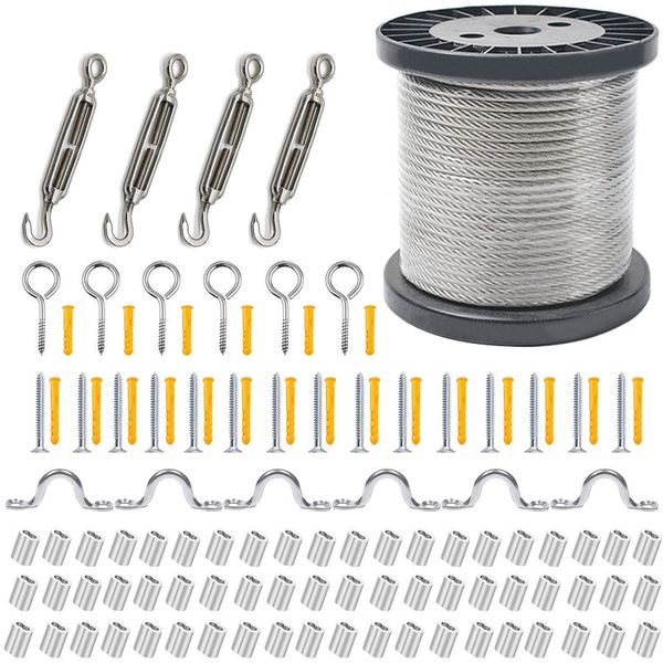 Wire Rope, Diameter 0.06 inch (1.5 mm), Length 166.9 yd (50 m), 7 x 7 Construction, Cutting Load 365 kgf (SUS304), Rust Resistant, Stainless Steel Wire, Clothesline (8 Letter Shapes, 4 Turnbuckles, 6