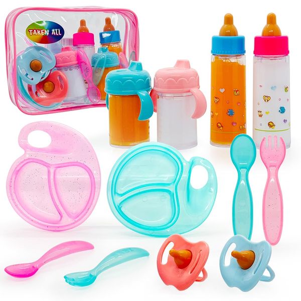 Baby Doll Accessories Magic Bottle set Magic Disappearing Milk Juice Bottles Sippy Cups with Pacifiers Bowl Spoons, Doll Bottle Toys Feeding Pretend Playset for Kids Girls Ages 3+ (Middle set(12pcs))