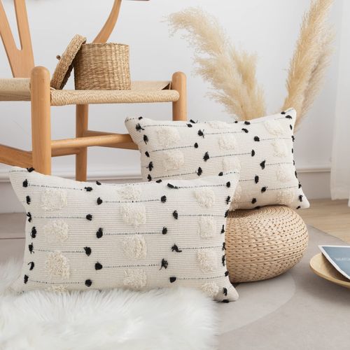 LIGICKY Boho Lumbar Pillow Covers Decorative Woven Throw Pillows Rectangle Pillow Sham Black and Beige Off White Pillowcase for Couch Sofa Bed Car 12x20 Inch