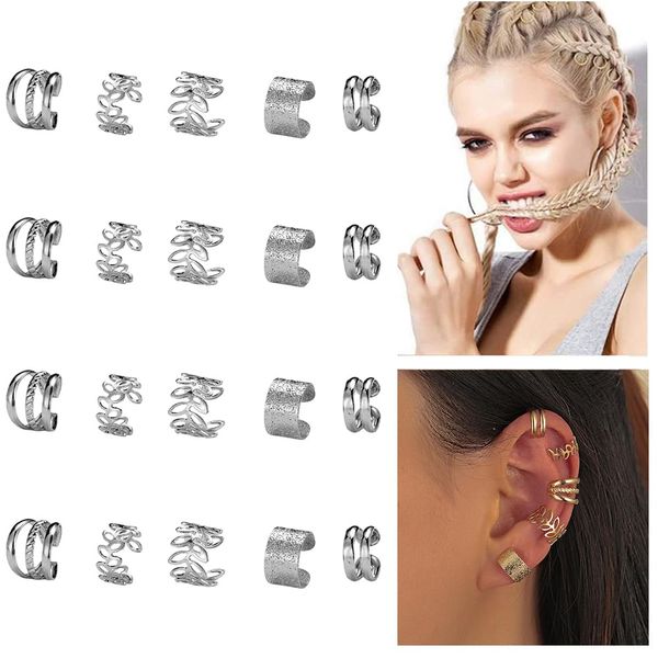 20 PCS Hair Jewelry for Braids with Crystal Rhinestone for Women Men Hair Accessories Braids, Dreadlock Braid Clips Non-Piercing Ear Cuffs Clip Jewelry (Sliver)