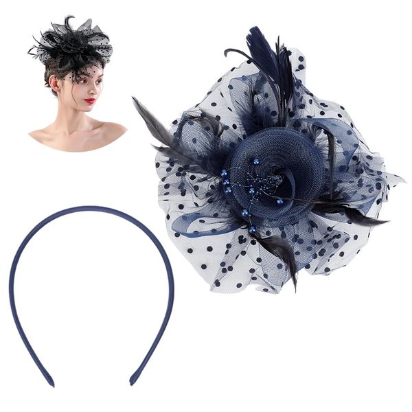 FINGERINSPIRE Mesh Feathers Hair Clip with Hairbands Prussian Blue 20s Flapper Headpiece for Tea Party Wedding Cocktail Flower Fascinator Hat for Women Floral Mesh Ribbons Feathers Hair Clip for Lady