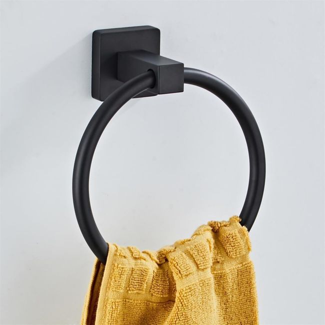 Towel Ring, 6.3 inches (16 cm), Towel Hanger, Stylish, Stainless Steel, Kitchen, Bathroom, Wall Mounted, Black, Screws Included (Round)