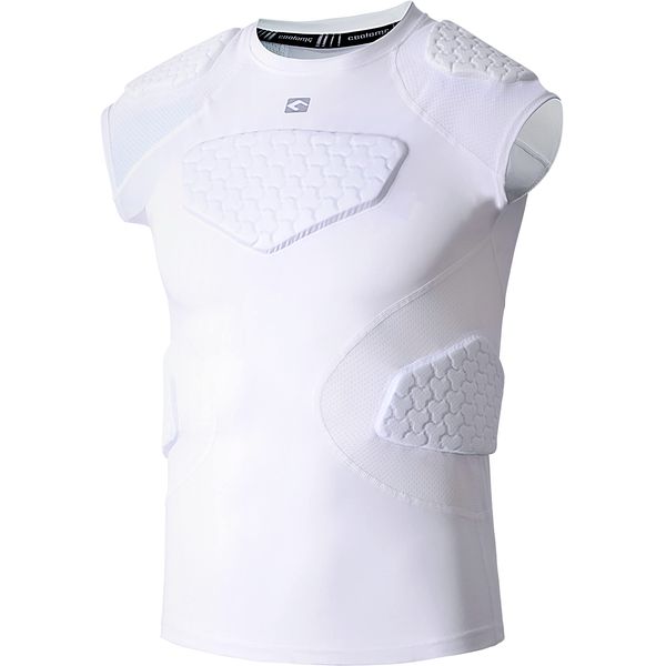 COOLOMG Youth Padded Compression Shirt Football Rugby Rib Chest Protector Heart Sternum Shoulder Guard White M