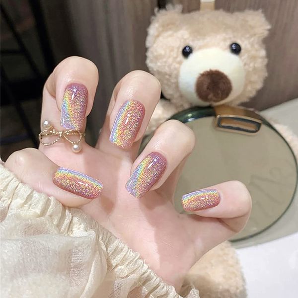Rainbow Nail Tips 24pcs Glitter Nail Tips for Wedding, Party, Holiday, Dating, Prom, Daily Life