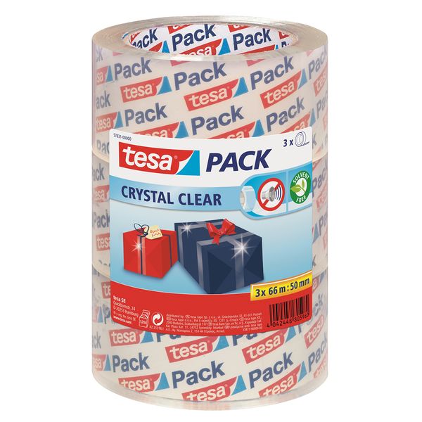 tesa PACK Crystal Clear Packaging Tape - Silent Packaging Tape with Polypropylene Backing - UV Resistant - Transparent Roll - 3x 66 m x 50 mm