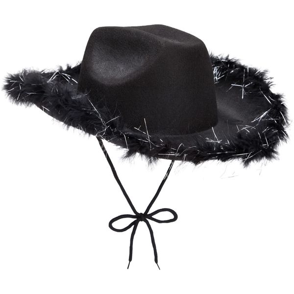 Juvolicious Cowboy Hats for Women and Men - Fluffy, Sparkly Black Cowgirl Hat with Feathers for Costume, Dress Up Birthday, Bachelorette Party Accessories (Western Style)