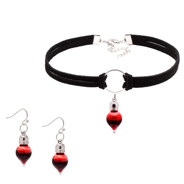 Fake Blood Drop Vampire Costume Jewelry Set Earrings & Choker Necklace for Halloween Holiday