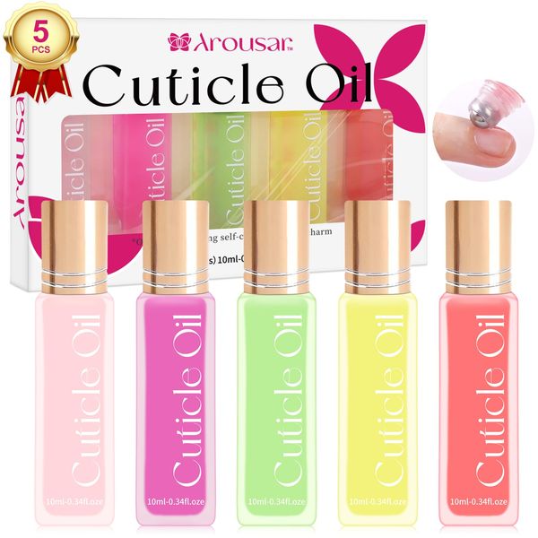 Arousar Cuticle Oil, 5pcs Nagelöl 10ml Nagelhautöl Set, Rollerball-Applikator für Nägel, natürliches Nagelhautpflegeset, ätherische Öle für Nägel, glättend, nährend feuchtigkeitsspendend, Pfirsich