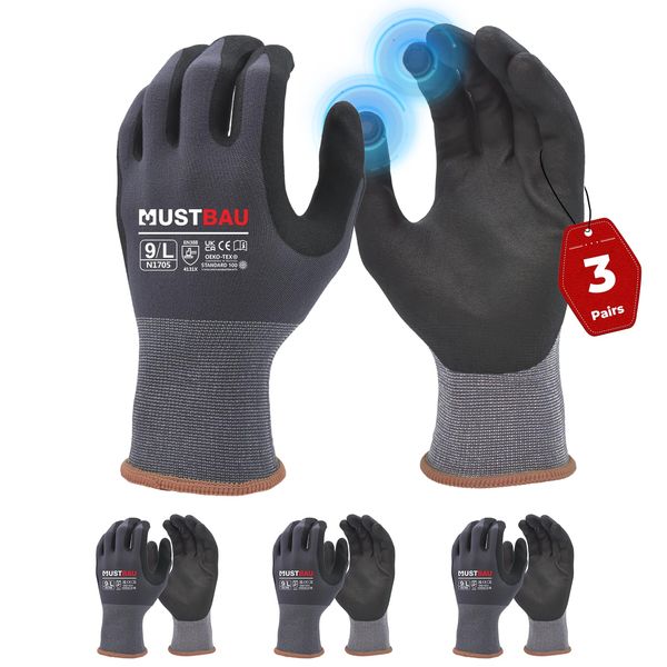 Mustbau 3 Pairs Safety Work Gloves,Non-Slip Gardening Gloves, Abrasion Resistant Nylon Working Gloves,Good Grip on Palm and Fingers,Ideal for Men Women General Duty Work-L