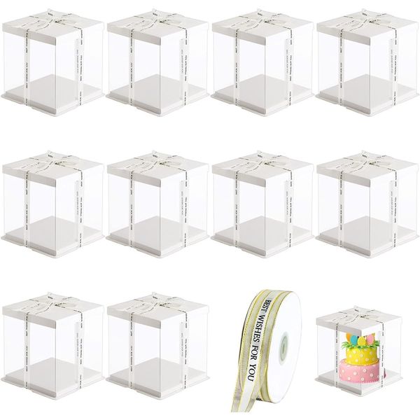 10 Pcs Clear Cake Box 7X7X8" Packaging Boxes Large PET Tall with Lid and 148Ft