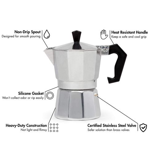 Primula Classic Stovetop Espresso and Coffee Maker, Moka Pot for Italian and Cuban Café Brewing, Greca Coffee Maker, Cafeteras, 3 Espresso Cups, Silver