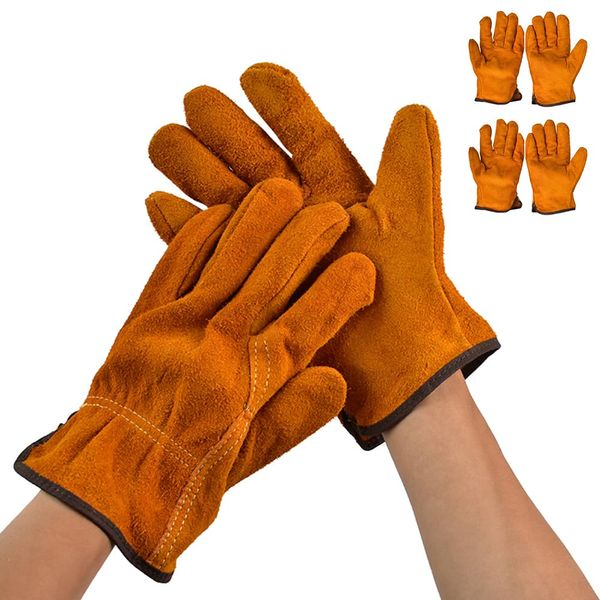 OAEZAEY Heat Resistant Work Gloves, Mover Gloves, Welding Gloves, Blade-Proof Gloves, Outdoor Gloves, Cowhide Leather, Cut Resistant (2 Pairs)