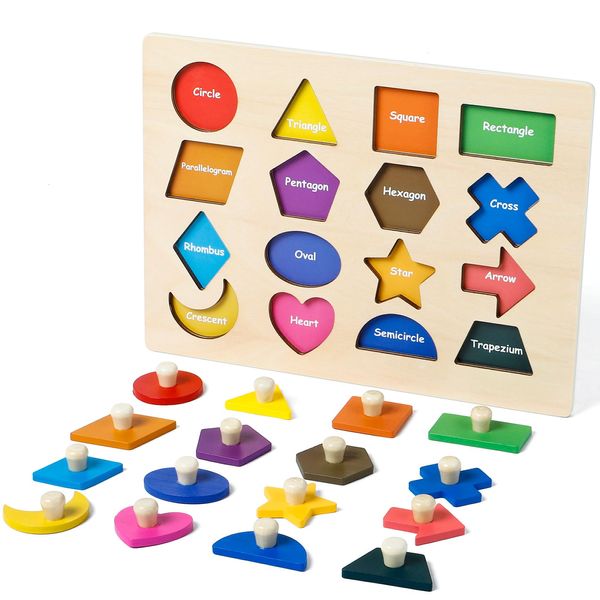 Shape Puzzles Wooden Puzzles for Toddlers, Peg Puzzle Educational Shape Sorter Toys Wooden Shape Board Puzzles, Preschool Learning Educational Toy for Baby Girls Boys