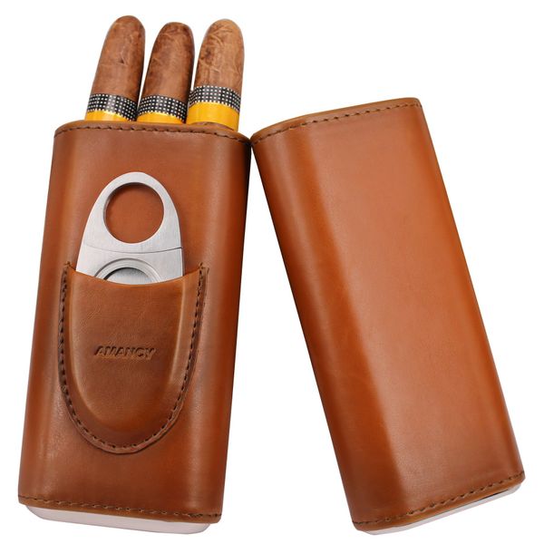 AMANCY Premium 3- Finger Brown Leather Cigar Case, Cedar Wood Lined Cigar Humidor with Silver Stainless Steel Cutter