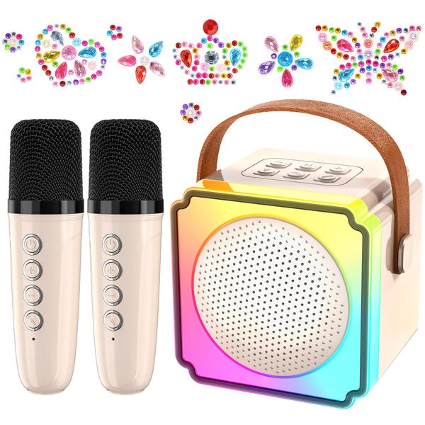 Mini Karaoke Machine with 2 Wireless Microphones, Adults Kids Toys, Gems Stickers, Portable Bluetooth Speaker, Christmas Birthday Gifts for Girls 4, 5, 6, 7, 8, 9 + Year Old (BEIGE)