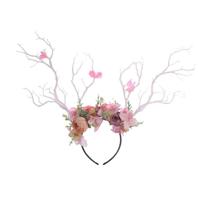 XIDAJIE Deer Antler Flower Crown Headbands Halloween Chritmas Long Antler Flower Branches Headband Props Horns Headpieces Hair Band Photo Shoot Forest Goddess Headdress Headwear, White