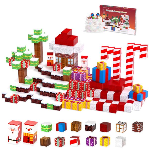 HEVARAL 100PCS Magnetic Blocks - Building Toys for Boys Girls 3+, Build Mine Magnet World Set with Christmas Snow, Magnetic Tiles Building Blocks Toddlers STEM Sensory Toys, for Kids Ages 4 5 6 7 8 9