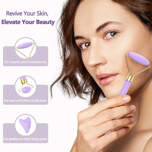 Oil Warmer for Massage with Face Roller Set, Yofuly Professional Massage Oil Warmer Heater for Massage Therapy with Two Bottles, Purple Body Lotion Heated Dispenser and Gua Sha Tools, Gift for Women