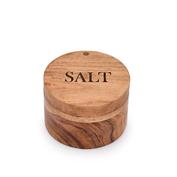 Acacia Wood Round Salt and Spice Box with Magnetic Swivel Lids for Kitchen Countertop "Salt" Engraved on Lid (8.89cm x 8.89 x 6.35cm)