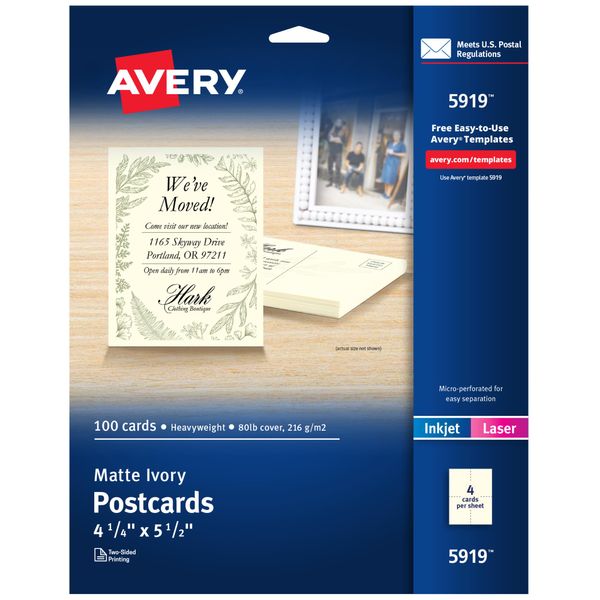 Avery Printable Postcards, 4.25" x 5.5", Ivory, 100 Blank Postcards for Laser and Inkjet Printers (05919)