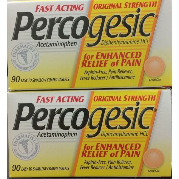 Percogesic Fast Acting Pain Reliever Tablets 325mg 90ct/ea ( 2 boxes ) EXP:04/24