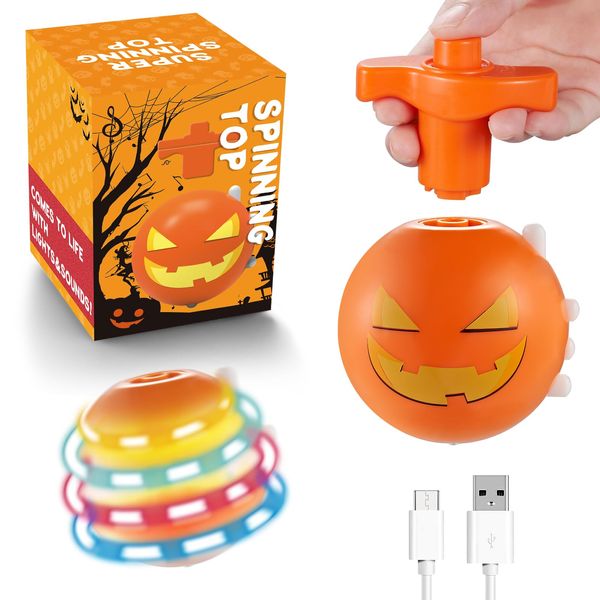 Aniymubao Light Up Spinning Tops for Kids Rechargable Novelty Spinner Music Kids Toys, Halloween Birthday Gifts Party Favor Goodies Bags Easter Basket Stuffers (Orange-Pumpkin)