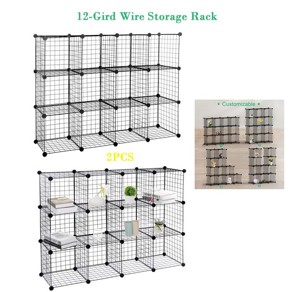 2x 12 Cube Storage Shelf Wire Metal Grid DIY Modular Cabinet Bookcase Bookshelf 