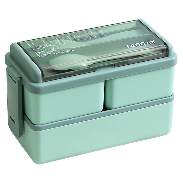 BoloShine Bento Lunch Box, 1400ml Stackable Bento Boxes, 2 Layer 3 Compartments Leak Proof Lunchbox with Cutlery, Meal Prep Container for Adults Kids Students Office, Microwave Safe (Green)