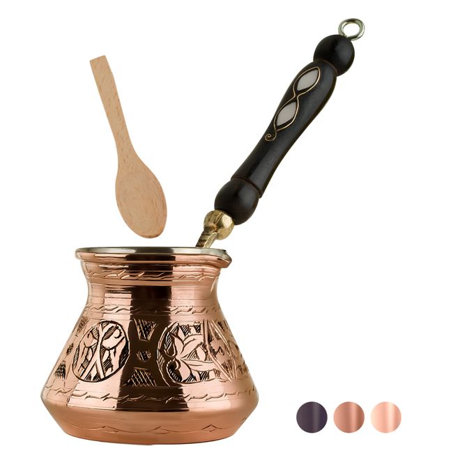 BCS 12 Oz Copper Turkish Greek Arabic Coffee Pot with Wooden Handle (4 servings) Cezve Ibrik Briki Stovetop Coffee Maker (Includes Wooden Spoon)