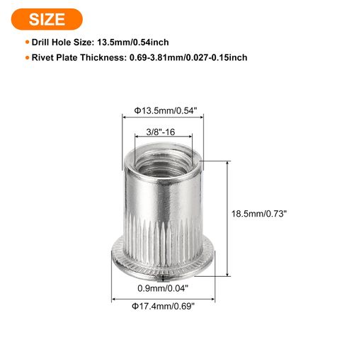 uxcell 25Pcs Rivet Nuts Flat Head, 3/8" Stainless Steel 304 Threaded Insert Nuts Knurled Body