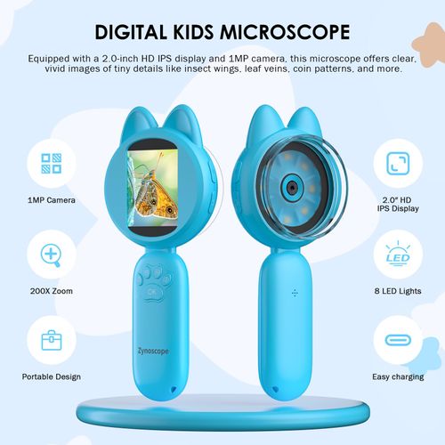 Kids Microscope 100X Magnification, STEM Handheld Digital Science Kit, Portable Educational Toy for Ages 3-16, Birthday for Boys & Girls Blue