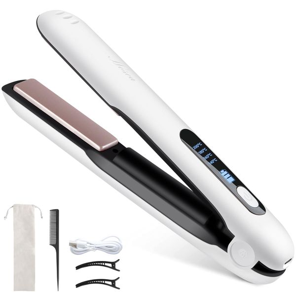 Hair Iron, Cordless Hair Iron, USB Rechargeable, Straightening Iron, Mini Curling Iron, Wireless, Portable Hair Iron, 4 Temperature Settings, Bangs, Unisex, Portable, Lightweight, Travel (White)