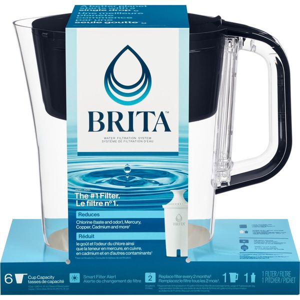 Brita Small 6 Cup Black Denali Water Filter Pitcher with 1 Brita Standard Filter