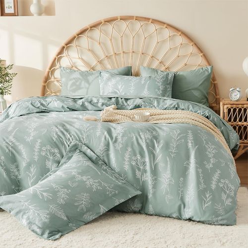 MUXHOMO Duvet Cover Full Size, Reversible Floral Green Duvet Cover Set with Zipper Closure, 3 Pieces Botanical Patterns Soft Microfiber Bedding Set with 4 Ties (80"x90", 2 Pillow Cases)